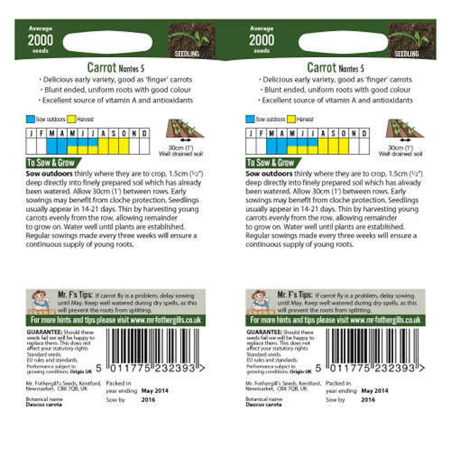 Mr. Fothergill's Carrot Nantes 5 Bumper Pack Seeds - Image 2